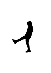 Black silhouette of a female raising her leg - white background