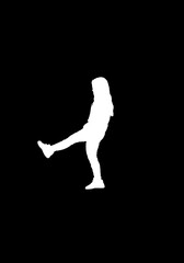 Fototapeta na wymiar White silhouette of a female raising her leg - black background
