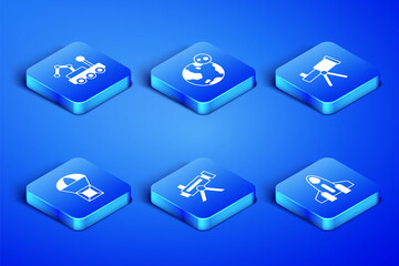 Set Rocket ship, Mars rover, Telescope, Box flying on parachute, Earth globe and icon. Vector