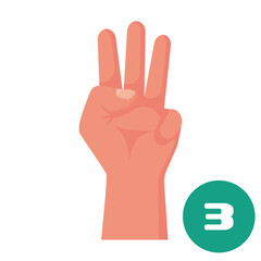 Three fingers. 1 2 3 4 5 flat icon. Hand gestures and numbers with your fingers. Vector illustration. Isolated on white background. Show numbers fingers.