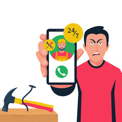 Person can not score a nail into the wall. Call masters for all hands. Call on the phone. Call repairman through app on smartphone. Vector illustration flat design. Isolated on white background.