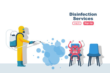 Disinfection services concept. Prevention controlling epidemic of coronavirus covid-2019. Worker in chemical protection disinfects. Vector illustration flat design. Cleaner in hand. Runaway virus.