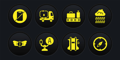 Set Aviation emblem, Cloud with rain, Aircraft steering helm, Parachute, Conveyor belt suitcase, Fuel tanker truck, Compass and No cell phone icon. Vector