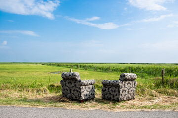 Zwei Sessel stehen am Straßenrand vor einer Weide