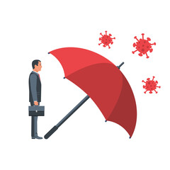 Protecting coronavirus concept. Man stands under the umbrella, an protects against bacteria of coronavirus Covid 2019. Umbrella as symbol of protection and security. Vector illustration flat design.