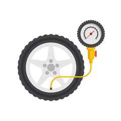 Tire pressure gauge. Checking tire pressure. Gauge, manometer. Car safe concept. Sign, wheel car with instrument measures pressure. Vector illustration flat design. Isolated on white background. - obrazy, fototapety, plakaty