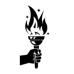 Black torch icon. Silhouette hand with flaming torch. Sports concept victory. Winner holding golden torch in hand. Vector illustration flat design. Isolated on white background. Symbol of big games.