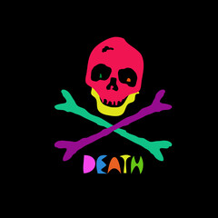 Skull crossbones colorful logo icon sign Death lettering Hand drawn head symbol Cartoon children's style Festive design Fashion print clothes apparel greeting invitation card cover flyer poster ad
