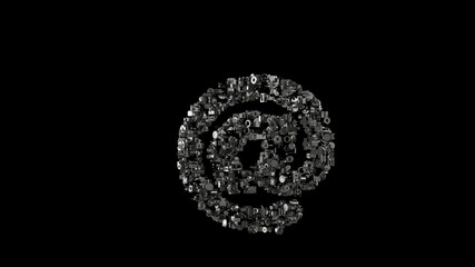 3d rendering mechanical parts in shape of symbol of at sign isolated on black background