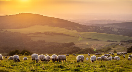 Obraz premium flock of sheep on a sunset meadow