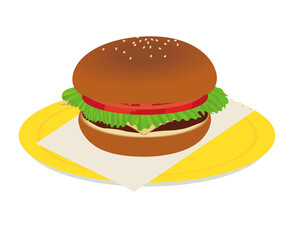 プレートの上に乗った白バックのチーズハンバーガーのイラスト食事飲食ファストフードHamburger
