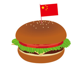 中国の国旗の旗の飾りがついたチーズハンバーガーのイラスト食事飲食ファストフード