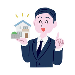 住宅をアピールする笑顔のスーツ男性