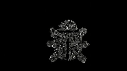 3d rendering mechanical parts in shape of symbol of bug isolated on black background