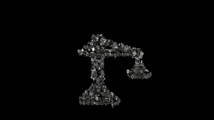 3d rendering mechanical parts in shape of symbol of building crane isolated on black background