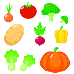 Vector illustration of fresh vegetables. Set of colorful vegetable icons, isolated on white background. Simple design for ducational media. Symbol. Element