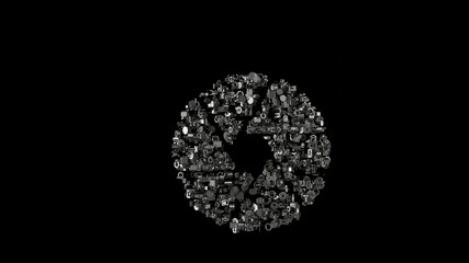 3d rendering mechanical parts in shape of symbol of camera aperture isolated on black background