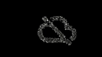3d rendering mechanical parts in shape of symbol of disable cloud isolated on black background