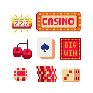 Board game pixel art 80s style icons set casino, poker, playing cards, slots and roulette isolated vector illustration. Design for logo, sticker, app. Game assets 8-bit sprite sheet.