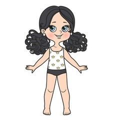 Cute cartoon girl with brunette curly hair tied in ponytails dressed in underwear and barefoot color variation on a white background