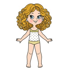 Cute curle haired cartoon girl dressed in underwear and barefoot color variation on a white background