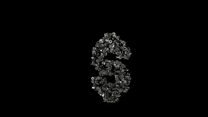 3d rendering mechanical parts in shape of symbol of dollar isolated on black background