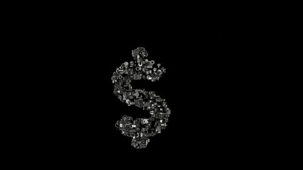3d rendering mechanical parts in shape of symbol of dollar sign isolated on black background