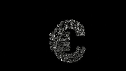 3d rendering mechanical parts in shape of symbol of euro isolated on black background