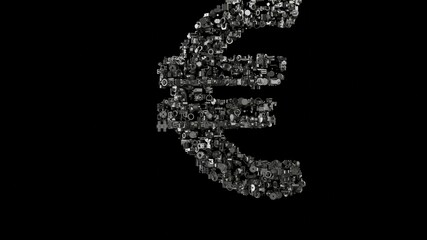 3d rendering mechanical parts in shape of symbol of euro sign isolated on black background