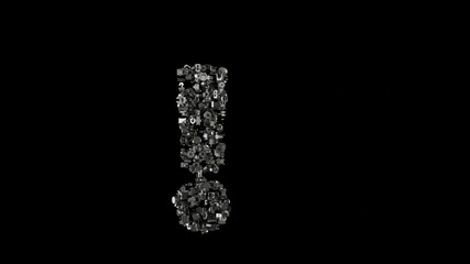 3d rendering mechanical parts in shape of symbol of exclamation isolated on black background