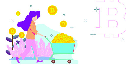 Flat illustration cryptocurrency. Bitcoin going to the moon. FOMO. Pump and dump. HODL. Blockchain vector illustration. Business. Perfect for web design, banner, social media, brochure, presentation.