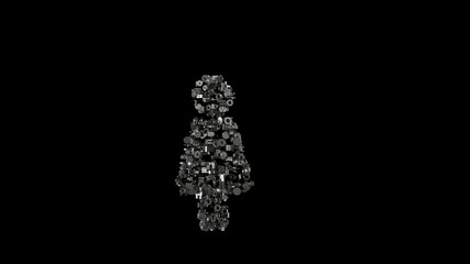 3d rendering mechanical parts in shape of symbol of female isolated on black background