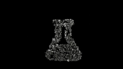 3d rendering mechanical parts in shape of symbol of flask isolated on black background