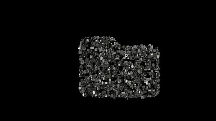 3d rendering mechanical parts in shape of symbol of folder isolated on black background