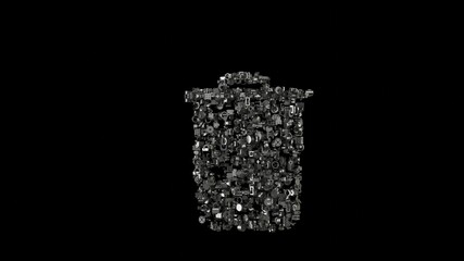 3d rendering mechanical parts in shape of symbol of garbage isolated on black background