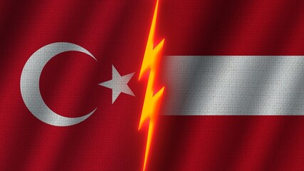 Austria and Turkey Flags Together, Wavy Fabric Texture Effect, Neon Glow Effect, Shining Thunder Icon, Crisis Concept, 3D Illustration