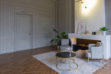 minimalistic interior of an ultra modern open plan apartment with white and gray walls with a...