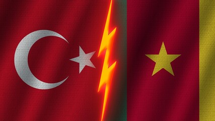 Cameroon and Turkey Flags Together, Wavy Fabric Texture Effect, Neon Glow Effect, Shining Thunder Icon, Crisis Concept, 3D Illustration
