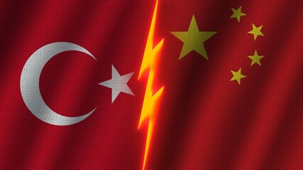 China and Turkey Flags Together, Wavy Fabric Texture Effect, Neon Glow Effect, Shining Thunder Icon, Crisis Concept, 3D Illustration