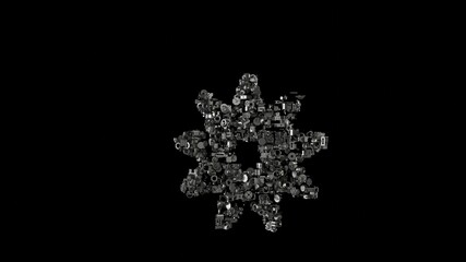 3d rendering mechanical parts in shape of symbol of haykal isolated on black background