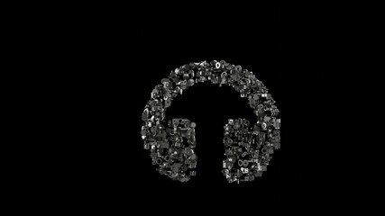 3d rendering mechanical parts in shape of symbol of headphones isolated on black background