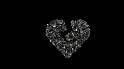3d rendering mechanical parts in shape of symbol of heart broken isolated on black background