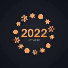 2022 Happy new year gold numbers with christmas decorations on the background