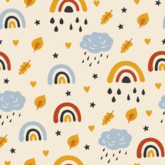 Kinderachtig naadloos vectorpatroon met schattige wolken, regenbogen, insecten, bladeren in Scandinavische stijl