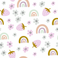 Childish seamless vector pattern with cute  rainbows, strawberry in Scandinavian style