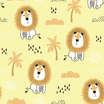 Seamless pattern with hand drawn lions