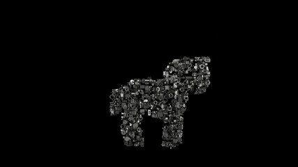 3d rendering mechanical parts in shape of symbol of horse isolated on black background