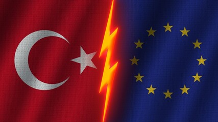 European Union and Turkey Flags Together, Wavy Fabric Texture Effect, Neon Glow Effect, Shining Thunder Icon, Crisis Concept, 3D Illustration