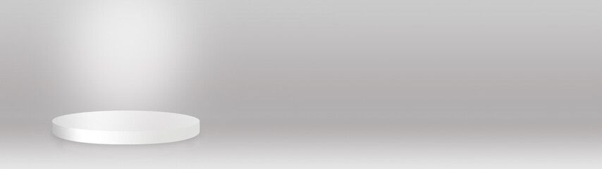 Shiny grey round pedestal podium.3d render. 3d illustration. Futuristic background can be add on banners flyers ro web. 3d render. Copy space for text. Banner