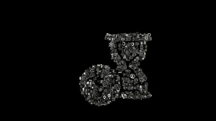 3d rendering mechanical parts in shape of symbol of hourglass isolated on black background